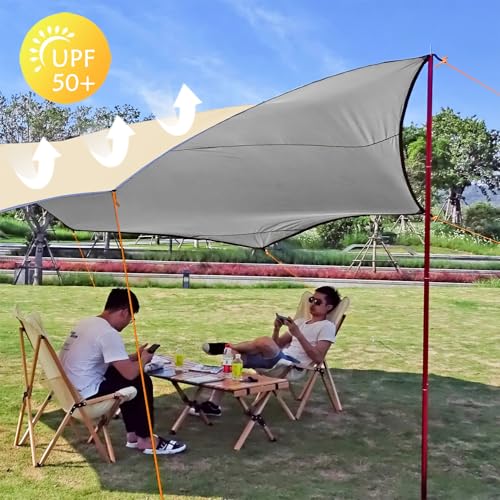 16x16 ft Large Camping Tarp Waterproof Hammock Rain Fly Camping Awning Sun Shelter Khaki (Without Pole) (Khaki) - color: Khaki