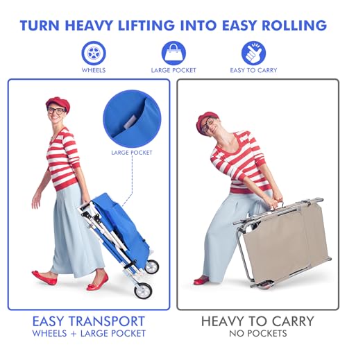 Wheel-To-Go Oversized Tanning Chair with Face Hole & Wheels | Portable Heavy Duty Folding Lounge Chair | Outside Sunbathing Reading Relaxing Beach Poolside Lawn | XL Wide | 330 LBS (Patent Design) - color: Royal Blue, style: Oversized + Sun Canopy Style