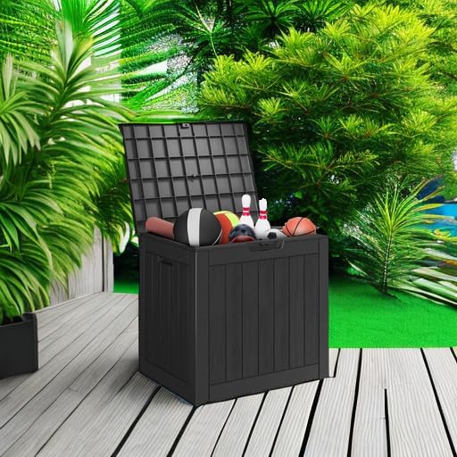 ROJIK Outdoor Storage Housing Deck Box - Waterproof Patio Furniture, Garden Tools, Cushions, Pool Accessories Storage Bench with Lockable Lid and Side Handles (Black, 30 Gal)
