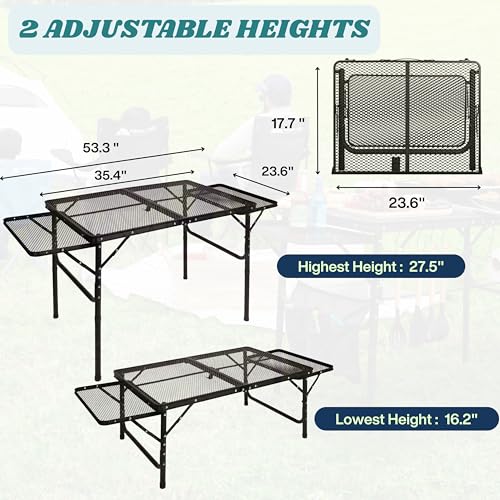 Folding Table w/ Carry Bag, Paper Towel Holder, Garbage Holder, Wing Panels, 3x2 FT Foldable Table for Portable Grill, Picnic, Outdoor, Beach, Small Folding Table Adjustable Height,Camping Table, BBQ