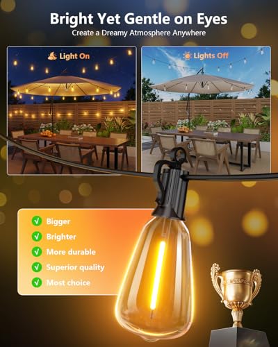 Brightown 38FT Solar String Lights Outdoor Waterproof with Remote, 15+1 LED Shatterproof Bulbs, Dimmable & Timable, 3 Light Modes - Commercial Grade Patio Lights for Garden Backyard Party Decor - size: 38FT(15+1 Sockets)
