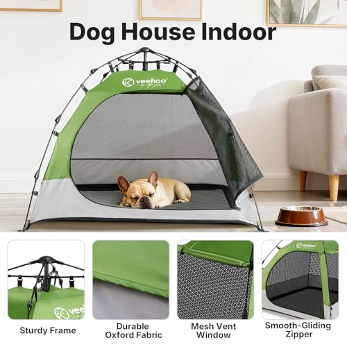 Veehoo Pop Up Dog Tent House for Indoor Outdoor, Portable & Waterproof Dog Canopy Shelter with Cool Mesh, Foldable Automatic Pet Tent for Dogs with Camping Mat and Bag for Large & Extra Large Dogs - size: 47.2"L × 47.2"W × 37.4"H
