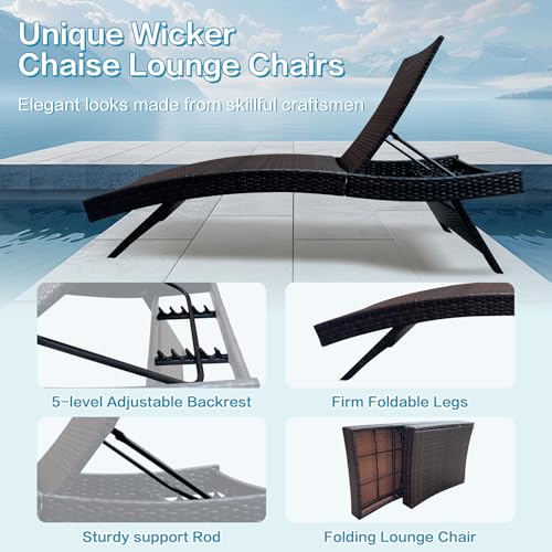 Set of Foldable Long Reclining Patio Seating Chairs, 2 Folding Chairs Patio Chaise Lounge, Outdoor Wicker Lounge Chaise, Rattan Chaise Lounge Lawn Sunbathing Recliner Beach Pool Backrest Recliners - color: 2 Foldable Chairs