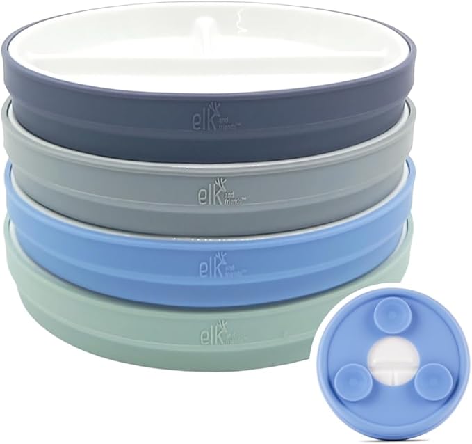 Elk and Friends Kids 6.7” Porcelain Divided Plates with Silicone Suction Sleeves | Suitable for Babies/Kids/Toddlers | Microwave & Dishwasher Safe | Non Slip | Snack Dishes | 4 Pack