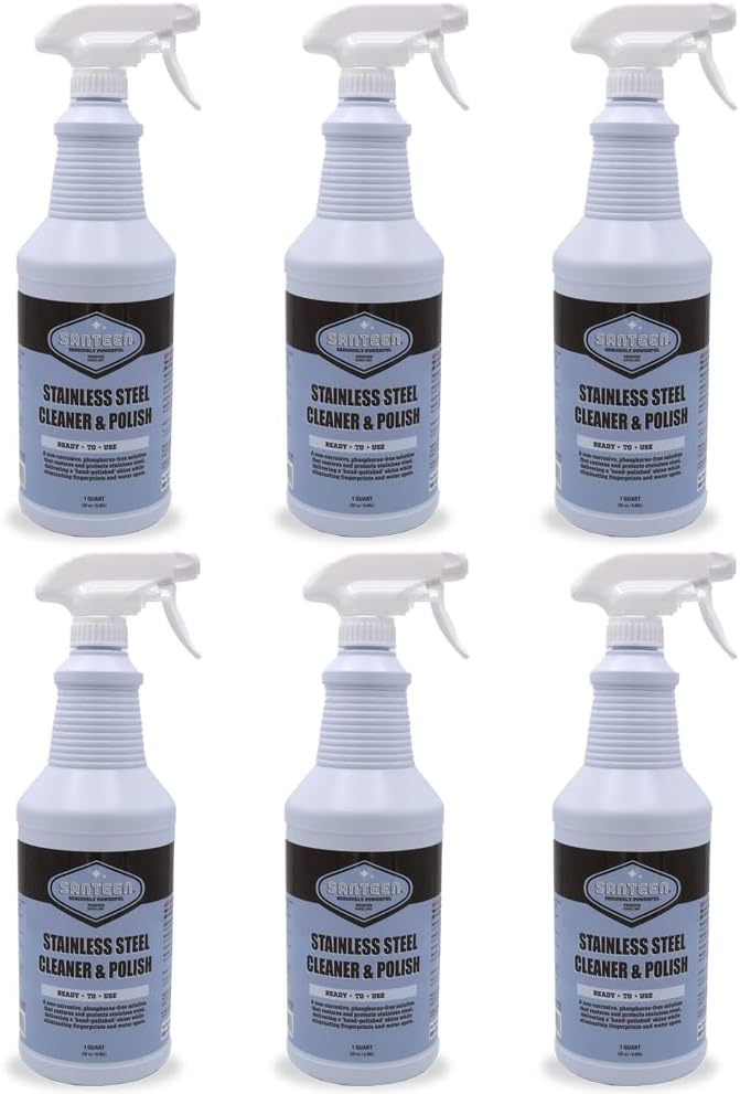 Santeen Stainless Steel Cleaner & Polish, 6-Pack, 32oz Bottle with Trigger Sprayer, Professional Formula