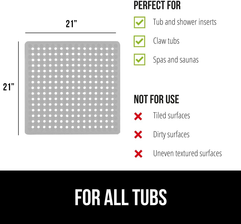 GORILLA GRIP Patented Square Shower Stall Mat, Small Bathtub Floor Mats for Stand Up Showers, Suction Cups and Drainage Holes, Machine Wash, Soft on Feet, Bathroom Accessories 21x21 Inch, Gray Opaque