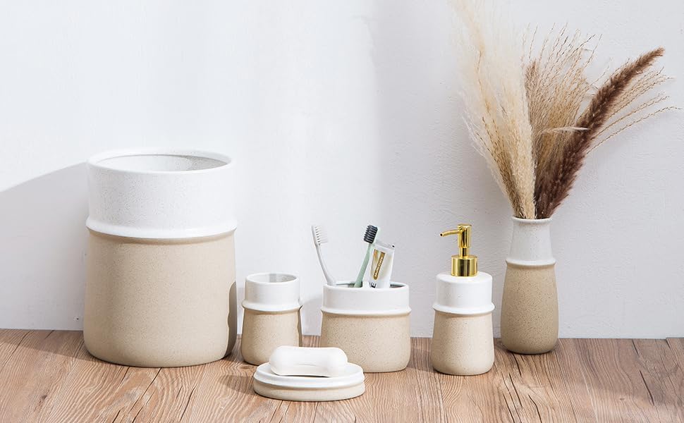 Beige Ceramic Soap Dispenser for Kitchen, Refillable Hand Dispenser with Rust Proof Stainless Steel Pump, 12Oz Lotion Dispenser Bathroom for Dish Soap, Hand soap.