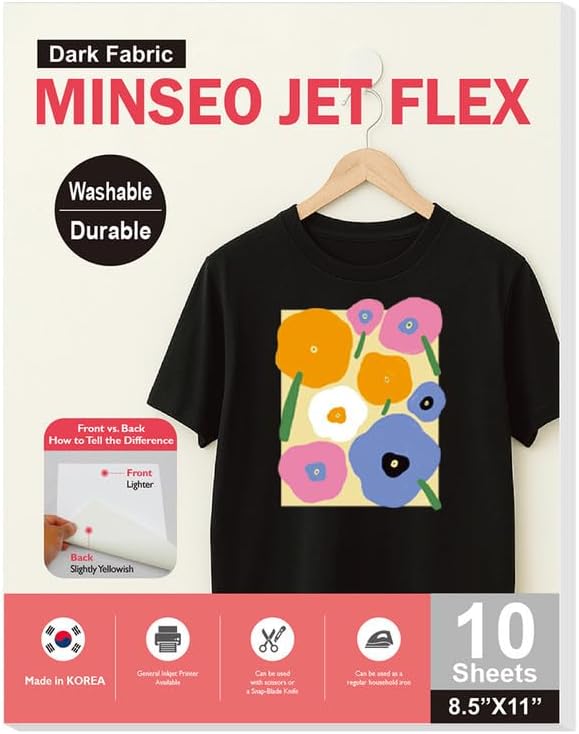 MINSEO Jet Flex Premium Opaque Heat Transfer Paper for Dark Fabric (10 Sheets 8.5x11") Printable Iron-on Transfer Vinyl for Inkjet Printer (Made in Korea)