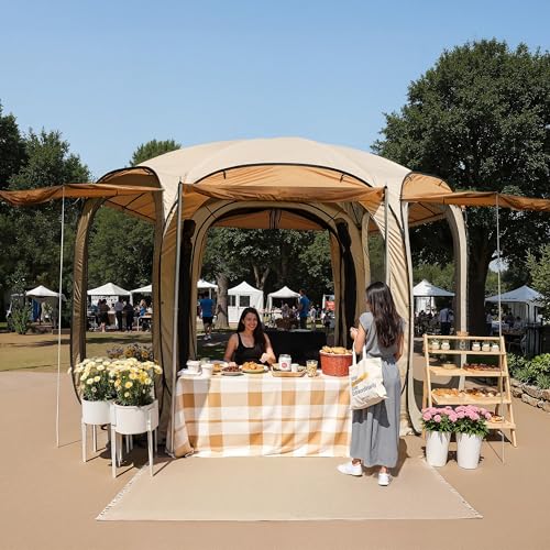 East Oak 12×12 FT Pop Up Canopy Tent with Mesh | Outdoor Screen House with 6 Sunshades | Instant Canopy with Portable Carry Bag | Gazebo Tent for Camping, Patio, and Beach | Beige - size: 12*12 FT