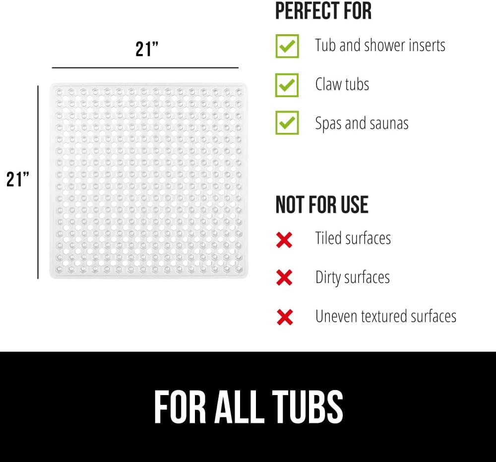 GORILLA GRIP Patented Square Shower Stall Mat, Small Bathtub Floor Mats for Stand Up Showers with Suction Cups and Drainage Holes, Machine Wash, Soft on Feet, Bathroom Accessories 21x21 Inch, Clear