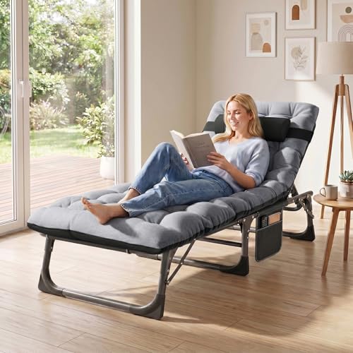 ABORON 3-in-1 Folding Patio Lounge Chair, 440LB Heavy-Duty Tri-Fold Guest Bed with Plush Cotton Cushion, No Assembly Adjustable Recliner for Office Nap, Patio Sunbathing, Poolside & Camping - color: Light Slate