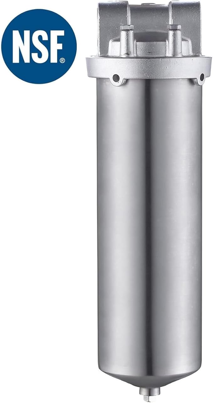 Amwater NSF/ANSI 42 Certification Stainless Steel Filter Housing for 10" Filter Cartridge, 3/4NPT Water Filter Housing, Drain Valve Style C (Square Head)