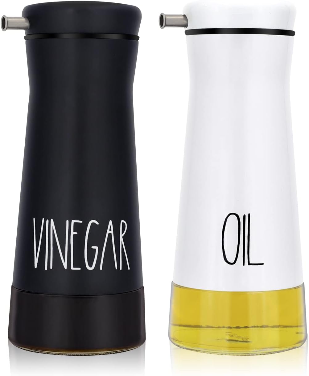 Aelga Black and White Oil And Vinegar Dispenser Set - 2 Pack Glass Oil Dispenser Bottle for Kitchen with No-Drip - Cute Farmhouse Kitchen Decor and Accessories for Home Restaurants