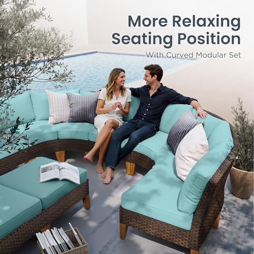 PHI VILLA 4-Piece Curved Patio Furniture Set, Half-Moon Wicker Sectional Furniture Sofa Set for 8 Seats with Cushioned 3 x Curved Sectionals and 2 x Ottoman, Aqua Blue - color: Aqua Blue, size: 8 Seats - Round