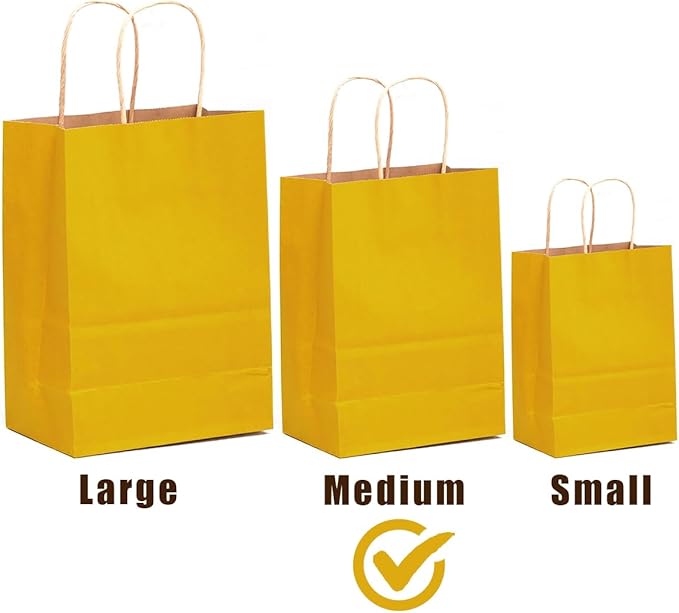 qiqee 32-Packs Yellow Paper Gift Bags with Handles Bulk 7.6"x4.75"x10.5" Medium Size Gift Bags Multiple Uses