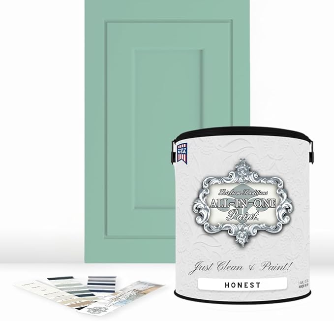 ALL-IN-ONE Paint, Durable cabinet and furniture paint. Built in primer and top coat, no sanding needed. Includes our 30 featured color card - Honest (mint green), Gallon