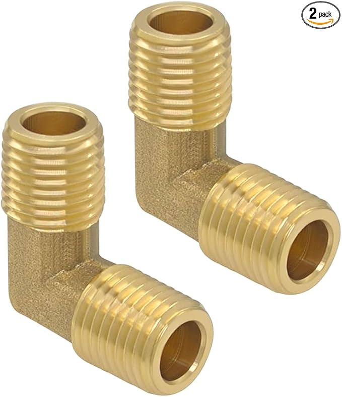 Hooshing 1/4 Inch NPT Elbow 90 Degree Street Elbow 1/4" NPT Male to 1/4" NPT Male Thread Brass Pipe Fitting, 2 Pack