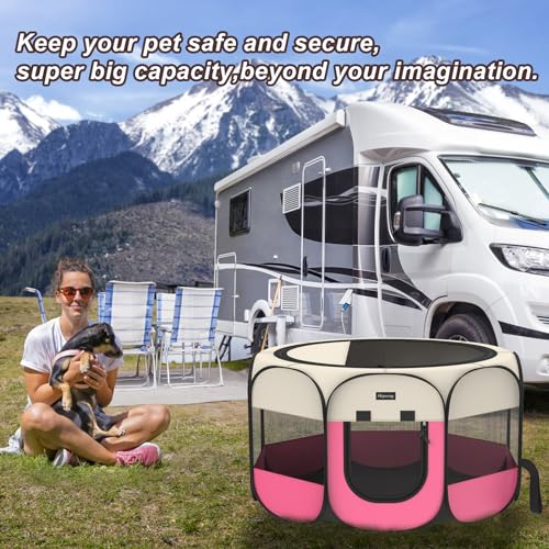 Portable Pet Puppy Dog Cat Playpen, 8-Panel Indoor/Outdoor Puppy Pen with Shade Cover & Travel Bag - Waterproof Dog Cat Tent - color: Pink, style: Large(45"x45"x24" with free bonus)