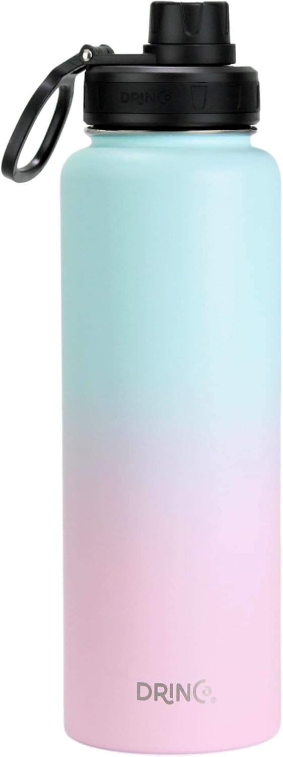 DRINCO Stainless Steel Water Bottle Spout Lid Vacuum Insulated Double Wall Water Bottle Wide Mouth (40oz 32oz 22oz 18oz 14oz) Leak Proof Keeps Cold or Hot (40 oz, 40oz Macaron)