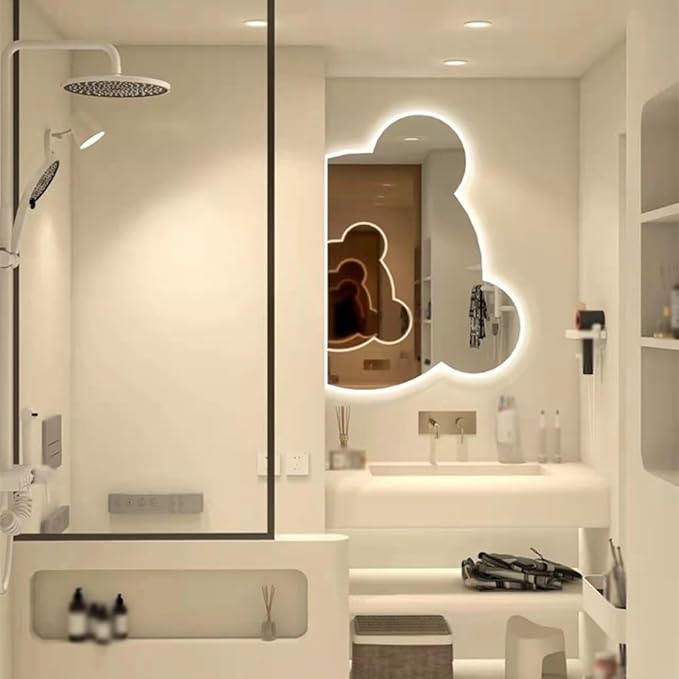LTSRLL LED Vanity Mirror Cute Bear Decorative Mirror for Bathroom & Dressing Tabler Backlight Wall Mirror with 3 Color Dimmable Light Demister Pad Human Body Sensor Switch(Cut Right,80cmx95cm)