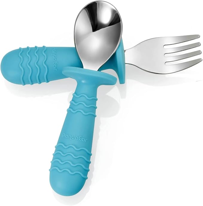 PandaEar 4 Set Baby Toddler Silicone Stainless Steel Utensils Silverware Spoon Fork for Baby Toddler BPA Free with Silicone Holding Anti-Choke Design (Blue&Grey)