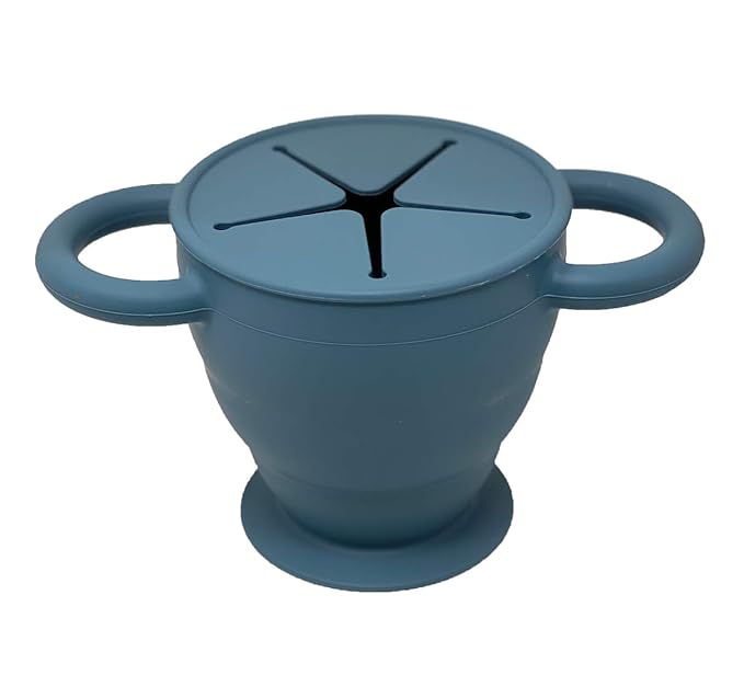BraveJusticeKidsCo | Snack Attack II Snack Cup | Collapsible Silicone Snack Container | Toddler and Baby Snack Catcher Lid (Blue Steel)