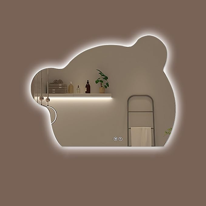 Cute Bear Wall Mirror, Wall Mounted Multifunction Bathroom Vanity Mirror with LED Lights and Demister Pad, 3-Color Dimmable LED Light, Decorative Mirror(A,70x86cm)