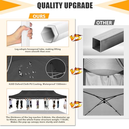 HOTEEL 10x30 Heavy Duty Pop Up Canopy Tent for Parties Event Wedding Commercial Instant Canopy with Wheeled Bag, Party Tent Waterproof UV 50+&Windproof, Upgraded Thick Hexagonal Legs, Black - color: Black, size: 10x30FT (No Walls)