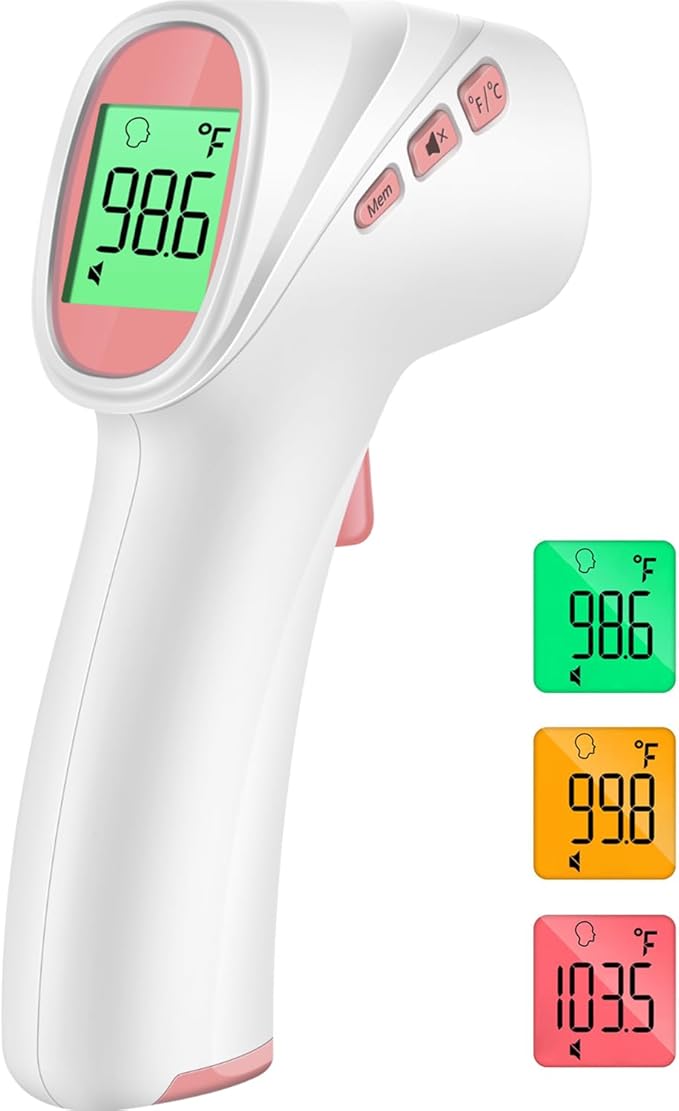 Forehead Thermometer for Adults, Kids & Babies, No-Touch Digital Thermometer with LCD Backlight Display, FSA HSA Eligible, Fever Alarm and 1s Instant Reading - Pink