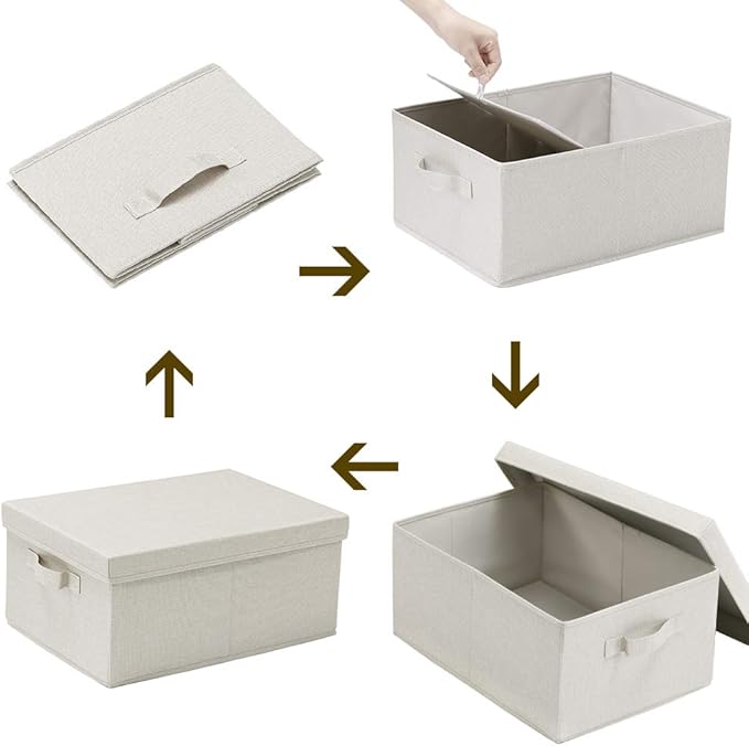 HOONEX Foldable Storage Bins with Lids, 2 Pack, Storage Boxes with Carrying Handles and Sturdy Heavy Cardboard, 16.5" L x 11.8" W x 7.5" H for Shoes, Books, Clothes, Linens, Beige