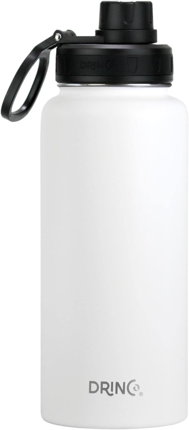 DRINCO Stainless Steel Water Bottle Spout Lid Vacuum Insulated Double Wall Water Bottle Wide Mouth (40oz 32oz 22oz 18oz 14oz) Leak Proof Keeps Cold or Hot (32 oz, 32oz Artic White)