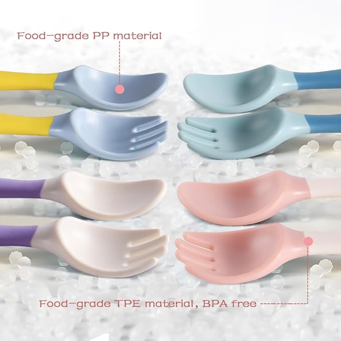 Baby Utensils Spoons and Forks Set Bendable Self-Feeding Silverware for Toddler Children with Travel Case Gum Friendly Food Grade (4 Set)