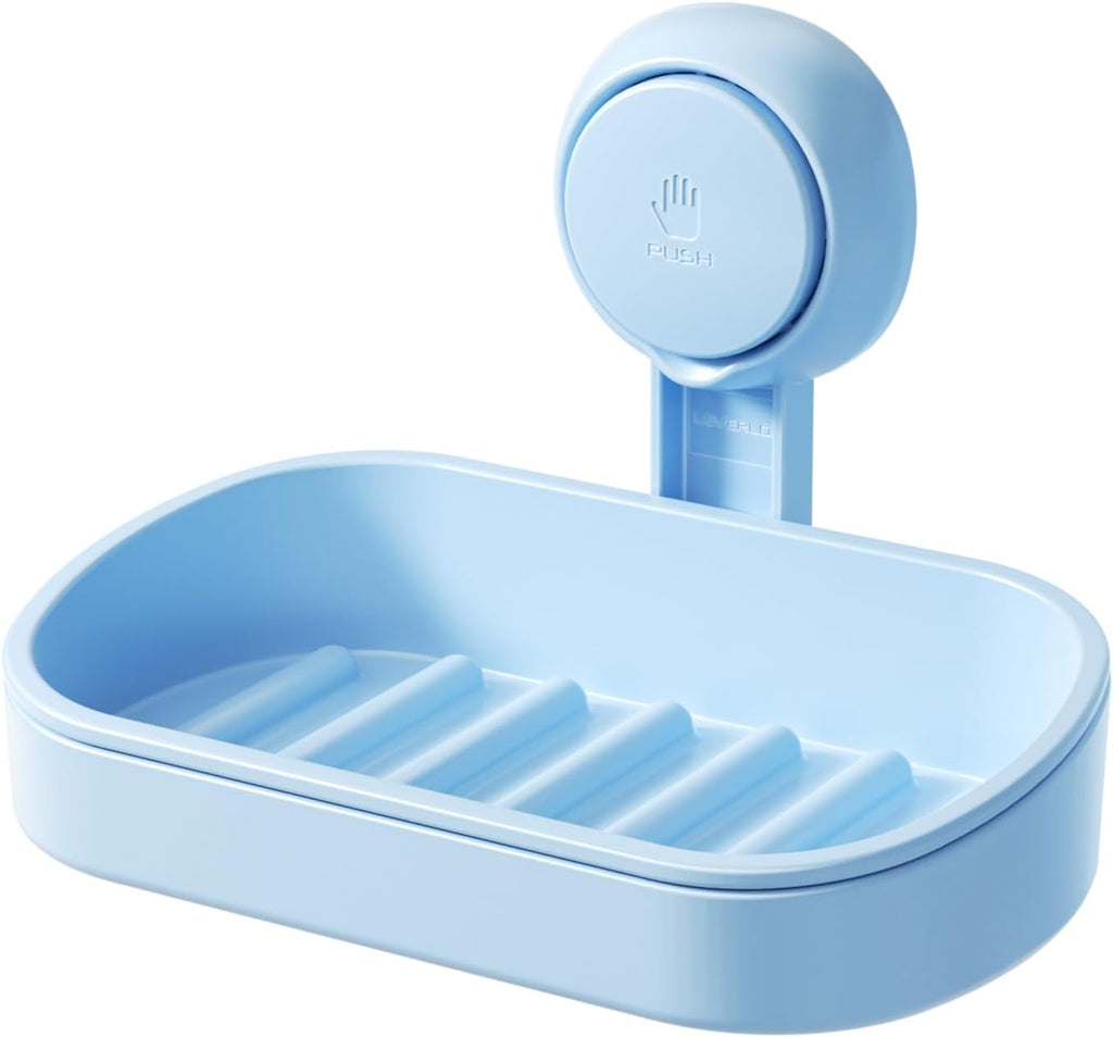 LEVERLOC Soap Dish Holder for Shower Suction Cup Wall Mounted Self Draining NO-Drilling Removable Bar Soap Sponge Holder for Bathroom Bathtub Kitchen Sink Waterproof Strong Vacuum Suction, Blue