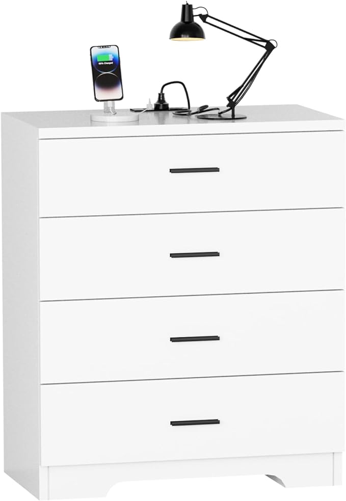 Dresser with Power Outlets Wooden 4 Drawer Dresser with USB and Type C Port Chest of Drawers for Bedroom Tall White Organizer Storage for Living Room Hallway Closet