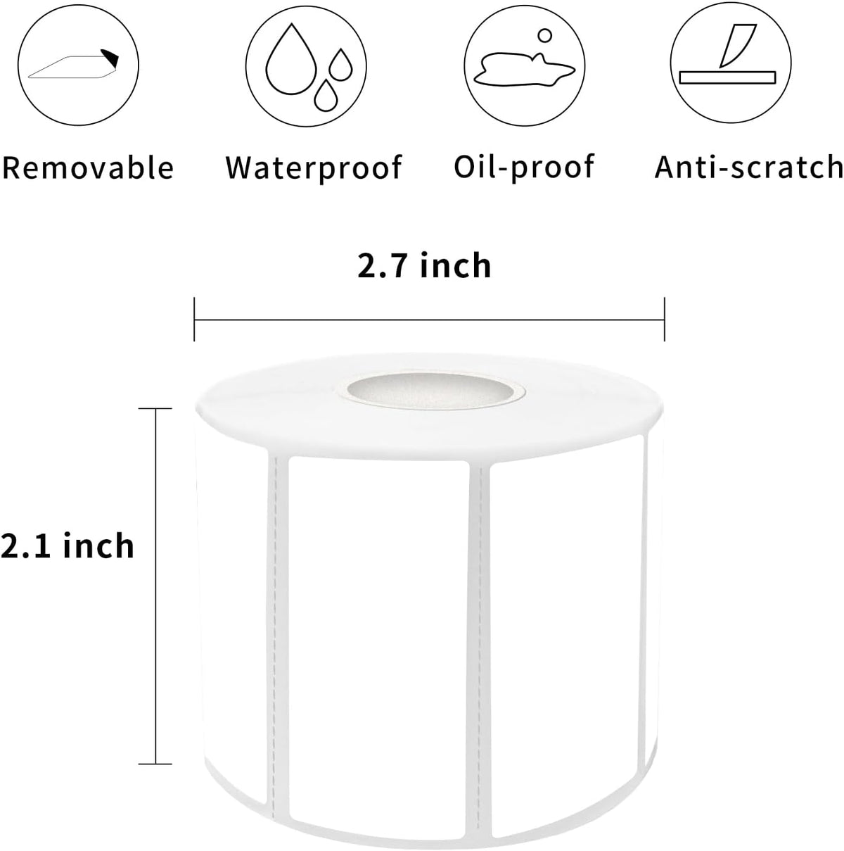 1×2 Inch White Removable Thermal Labels,Waterproof Thermal Label,800 Sheets per Roll with Perforated Lines