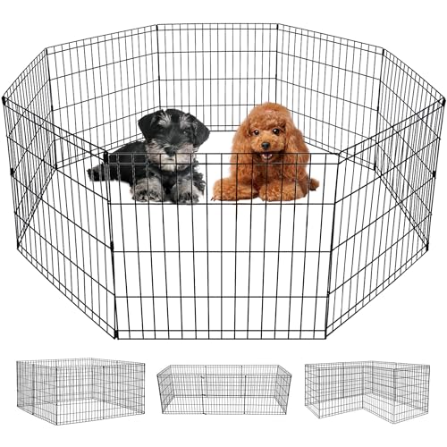 FDW 24 Inch Dog Pen 8 Panel Dog Playpen Indoor Outdoor Metal Puppy Pet Fence Portable Folding Animal Exercise Fence,Black