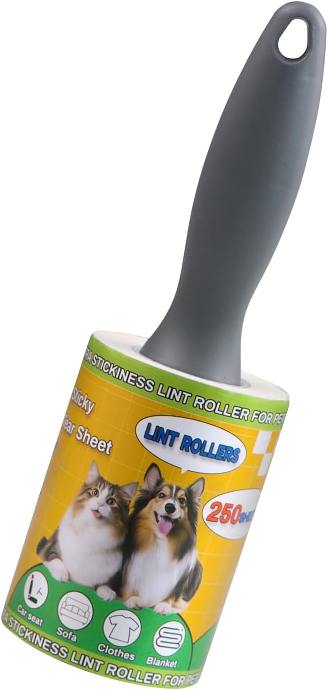 Extra Sticky Lint Rollers for Pet Hair, 250 Sheets, Lint Remover for Dog Cat Hair Removal, Animal Fur, Fuzz, Couch, Clothes Furniture and Carpet Travel-Friendly Grip Handle (1, White)