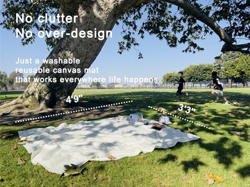 Kids Picnic Blanket, Kids Beach Mat – Medium 4’9” × 3’3” Compact Canvas, Easy to Fold & Carry - color: Creamy White + Mist Strap, size: 4'9" x 3'3"