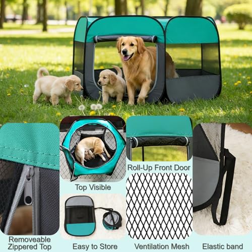 Dog Cat Playpen, Pet Playpen Indoor for Dog Crate Tent Cage Outdoor Foldable Dog Enclosure, Green Medium - style: Medium(34"L x 34"W x 23"H)