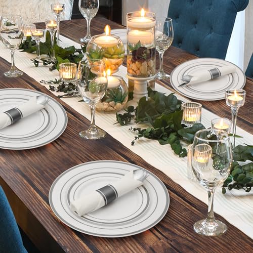 Goodluck 175 Piece Silver Plastic Dinnerware Set for 25 Guests, Fancy Disposable Plates for Party, Include: 25 Dinner Plates, 25 Dessert Plates, 25 Pre Rolled Napkins with Silver Silverware, 25 Cups - color: Silver, style: 175 Piece (25 guests)