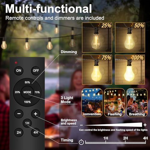75FT Outdoor String Lights Waterproof with 50+4 Bulbs (1.5FT Bulbs Spacing), Remote & Dimmer, Commercial Patio String Lights with 3 Mode Light & Timing, 100PC Mounting Ties for Outside - size: 75FT With Remote