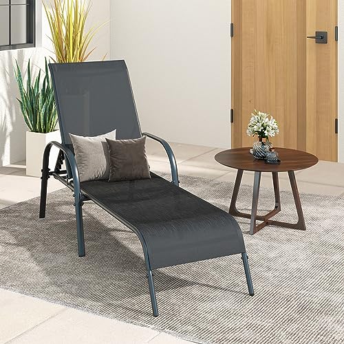 Giantex Patio Lounge Chair, Outdoor Chaise Lounge with 5 Adjustable Backrest, Sturdy Steel Frame, Sunbathing Recliner, Beach Chair, Tanning Chair for Outside, Yard, Balcony, Pool Chairs, Black - color: Black