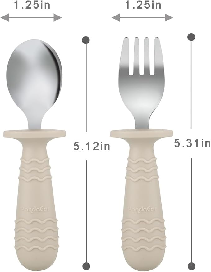 PandaEar 6 Pieces Baby Toddler Silicone Stainless Steel Utensils Silverware Spoon Fork for Baby Toddler BPA Free with Silicone Holding Anti-Choke Design (Blue Green Beige)