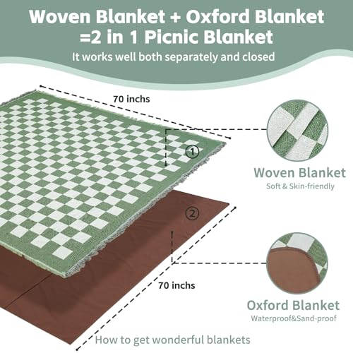 2 in 1 Extra Large Outdoor Picnic Mat Woven Summer Throw Blanket Boho Giant Beach Travel Essential Yoga Accessories Park Patio Lawn Garden Grass Ground Play Music Festival Concert Must Have - color: Checkered Green