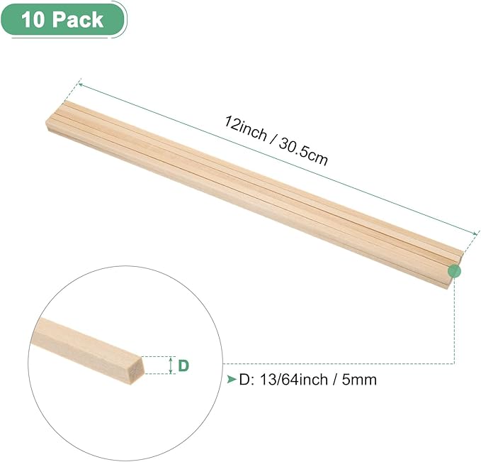 10-Pack Wood Square Dowel Rods, 13/64 x 12 Inch Unfinished Wooden Square Dowel Rod, Hardwood Square Dowel Sticks for Crafts/DIY Projects/Models Making [Wood Color]