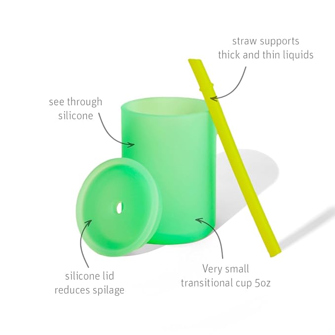 Avanchy Silicone Training Sippy Cup with Straw Lid – Tiny Cup for Babies 6+ Months to Toddlers 1 Year Old – 5 oz Infant Water Cup for Baby Led Weaning, See-Thru Green