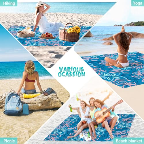Beach Blanket Waterproof Sandproof 1-7 Adult Oversized 78 '' × 81 '' Lightweight Durable Compact Sand Free Extra Large Beach Mat for Travel Camping Hiking Picnic - color: Blue Flower, size: 78“x81”