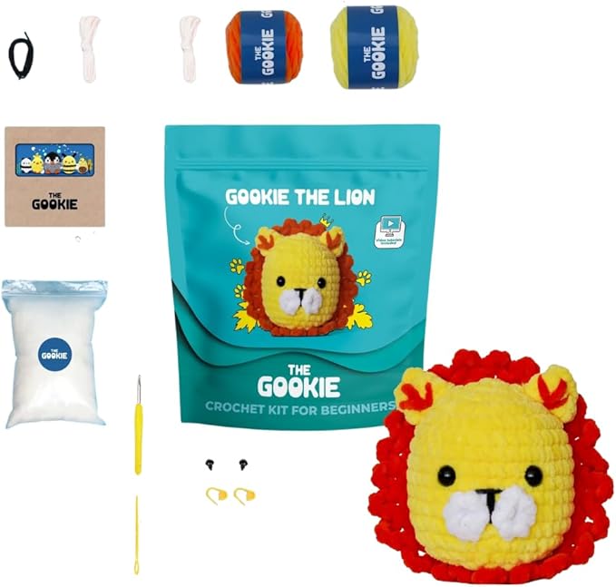 THE GOOKIE Amigurumi Crochet Kit for Beginners – DIY Crochet Kit with Yarn, Hook, Eyes & Stuffing – Easy Starter Set with Video Tutorials – Cute Plush Toy Craft Gift for Kids, Teens & Adults (Lion)