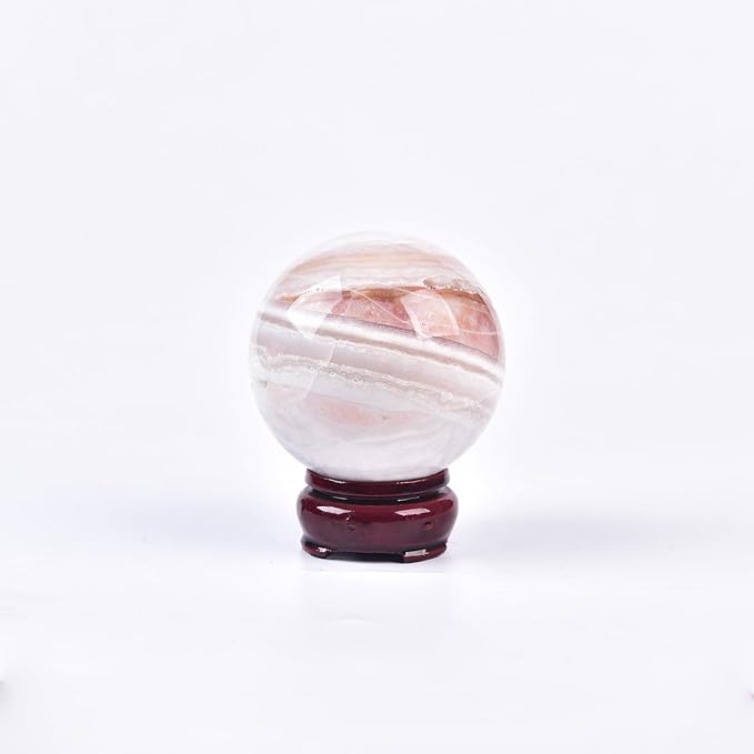 JIC Gem Natural Pink Agate Crystal Sphere with Wooden Stand,Decorative Crystal Ball Pink Gemstone Sphere for Meditation,Feng Shui,Witch-Style Decor,Table 70-80mm