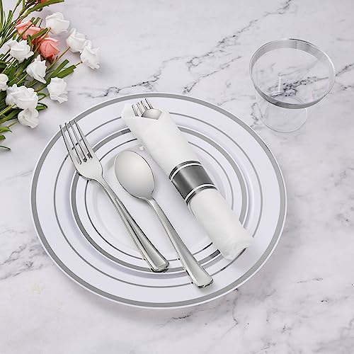 Goodluck 175 Piece Silver Plastic Dinnerware Set for 25 Guests, Fancy Disposable Plates for Party, Include: 25 Dinner Plates, 25 Dessert Plates, 25 Pre Rolled Napkins with Silver Silverware, 25 Cups - color: Silver, style: 175 Piece (25 guests)